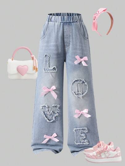 SHEIN Tween Girls Distressed Vintage Fashion Personalized Front Panel Split Bleached Flare Leg Jeans With 3D Bow, Versatile Casual Loose Fit Blue Denim Pants, All Season