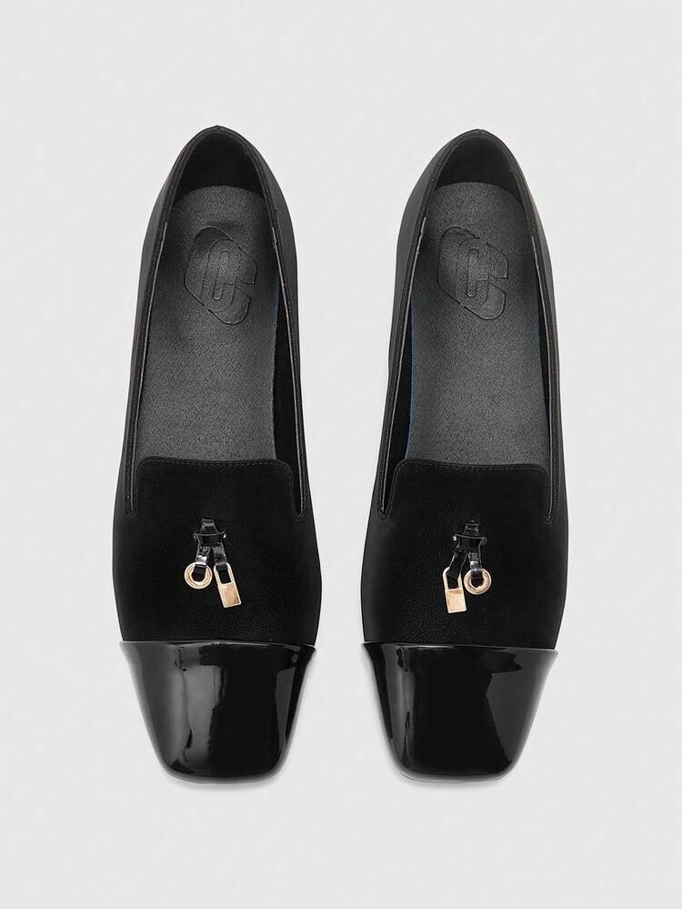 CUCCOO BIZCHIC Women Shoes Women's Fashion Square Toe Low Coarse Heel Black Basic Simple Commuter Versatile Women's Flat Shoes Women's Shoes Valentine's Day Spring Shoes