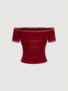 Skyraze Women's Off Shoulder Short Sleeve Lace Patchwork Bow Decor Top, Summer, Going Out Top, Country, Tea Party , Festival, Cute Top, Red Top - Red - View 3