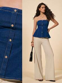 Poéselle Women's Denim Top, Fashionable And Casual Denim Strapless Top With A Fitted Waist And A-Line Silhouette, Dark Blue Denim Top. Summer Tops Spring Outfit Women Valentines Day Carnival Costumes Beach Outfits For Women  Vacation Outfits Women Casual Women Outfits - Dark Wash - View 1