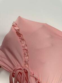 Lowkey Lull 吊带连体睡衣，荷叶边装饰，柔软弹力牛奶丝面料，INS 休闲 Y2K 女士睡衣套装 - 粉色 - 查看 6