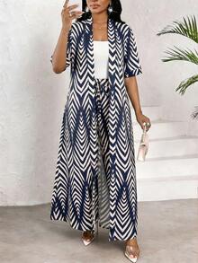SHEIN Lady Women's Summer Vacation All-Over Print Short Sleeve Shirt And Wide Leg Pants 2 Pieces Set - Navy Blue - View 6