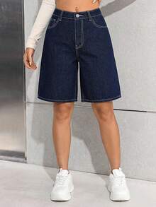 SHEIN Quần jeans ống rộng dài đến gối cho nữ teen, phong cách streetwear Y2K vintage retro thập niên 2000, màu wash, dáng boyfriend baggy, thiết kế phối đồ linh hoạt, mặc đi học mùa thu, mặc hàng ngày, đi rave festival và dạo phố mùa xuân hè - Màu xanh lam - Xem 4