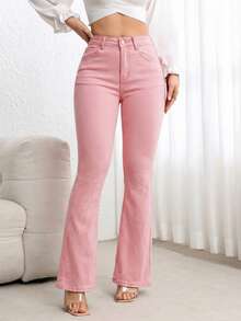 Flexra Quần jeans ống loe cạp cao có túi dành cho nữ, kiểu dáng thường ngày, đa năng. - Hồng - Xem 4