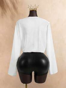 Lyxana 女士休闲、度假、日常通勤简约纯色垂褶领短款半透明衬衫，春夏款 - 白色 - 查看 2