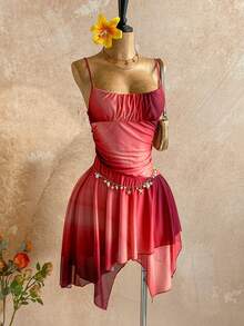 Soleia Women's Gradient Print Asymmetrical Hem Ruched Bust Spaghetti Strap Midi Dress, Sexy For Beach, Date, Holiday, Beach Vacation, Wedding, Cruise - Burgundy - View 8