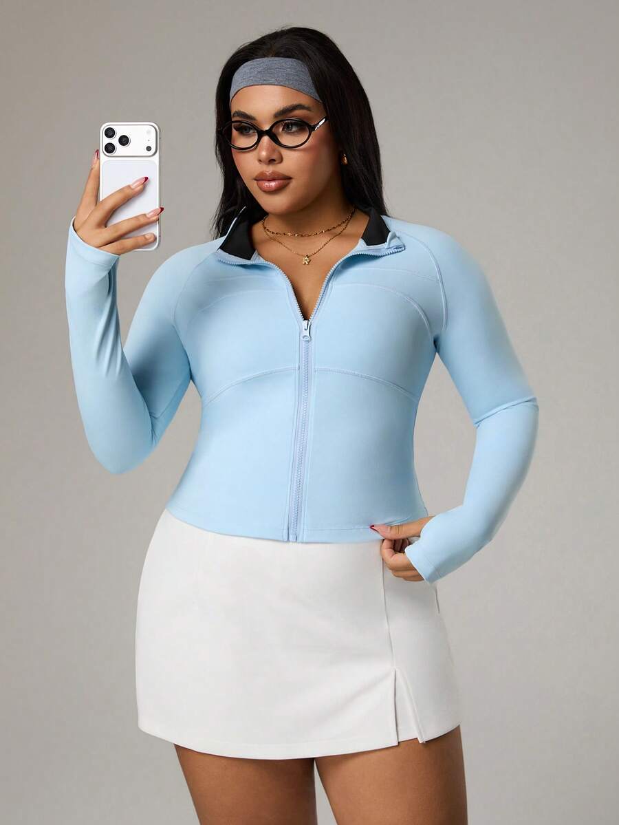 Rhythm Era Plus Size Sky Blue Zip-Up Jacket, Fitted, With Thumb Hole, Warm Color Activewear Outerwear - Baby Blue - View 1
