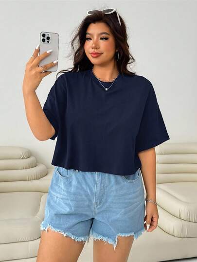 Solflare Plus Size Navy Blue Round Neck Casual Versatile Summer Short Sleeve T-Shirt Dark Blue Top Crop T Shirt Women Navy Blue Top Oversized Crop Top Oversized Cropped T Shirt