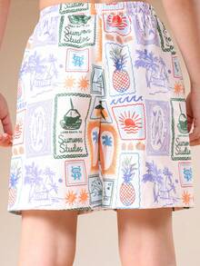 SUMWON Boys Tropical Vacation Stamps All Over Print Swim Shorts Beach Summer Swimwear Mid Thigh Length Drawstring - Apricot - View 4