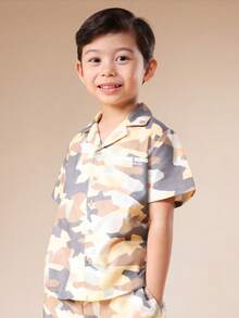 SUMWON Oversized Jungen Camouflage Poloshirt und Shorts Set Sommer Button Down Kragen Casual Zweiteiler Outfit Kinder Kurzarm Matching Co-Ord Set Urlaub - Aprikosenfarben - Übersicht 3