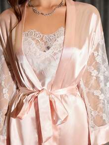 SilkySpell 2pcs Women Sexy Spaghetti Strap Nightgown Set. Long Sleeve Robe Pajama Set, Long Gown, Lace Trim. All Season - Apricot - View 5