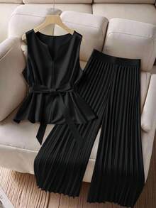 SHEIN CURVE+ Bộ đồ 2 món dành cho nữ cỡ lớn: áo không tay cổ chữ V có thắt lưng, phối cùng quần ống rộng xếp ly cạp chun màu trơn, thích hợp mặc đi làm và mặc hàng ngày, mùa xuân/hè. - màu đen - Xem 5