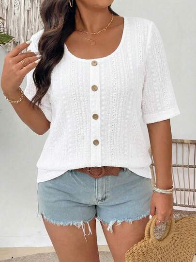 Breezaya Tricou cu mânecă scurtă și guler rotund, mărime plus, culoare solidă, cu nasturi, casual