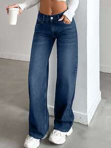 SHEIN Women's Casual Everyday Washed Slant Pocket Loose Fit Jeans - Royal Blue - View 7