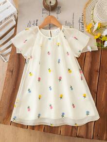 Souflis Souflis Young Girl' Summer Chiffon Lollipop Flower Embroidery Ruffle Hem Cap Sleeve Princess Dress, Vacation & Party - Apricot - View 8