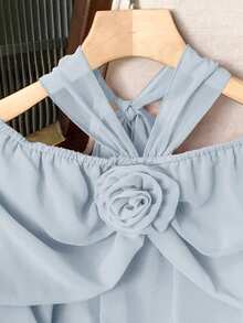 Seusyu 1pc Women Off Shoulder Tie-Neck Floral Embroidery Long Sleeve Blouse - Baby Blue - View 6