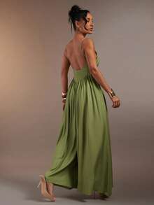 Hauture 女士性感休闲深V领前开衩收腰超宽露背长裙 - 綠色 - 查看 2