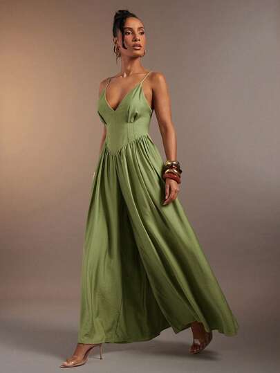 Hauture Women's Sexy Casual Plunge Front Gathered Waist Extreme Wide Backless Maxi Dress