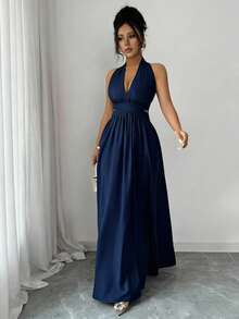 Rafferiza Đầm dài thanh lịch không tay cổ chữ V, thiết kế khoét eo, xếp ly, màu tím, hàng mới về mùa xuân/hè, đầm dài duyên dáng dành cho nữ. - Màu xanh hải quân - Xem 7