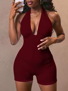Slaydiva Women's Casual Sexy Chest Ruched Backless Halter Tied Jumpsuit - Burgundy - View 3