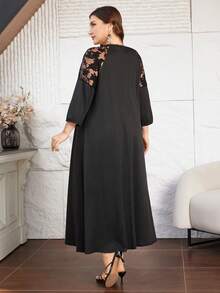 SHEIN Lacomfia Elegant Casual Lace Patchwork Round Neck Loose Fit Plus Size Women Long Dress, Spring/Summer - Multicolor - View 2