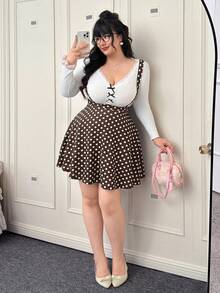 CovetEZ 大码浪漫棕色波点吊带A字连衣裙，秋冬款 - 棕色 - 查看 4