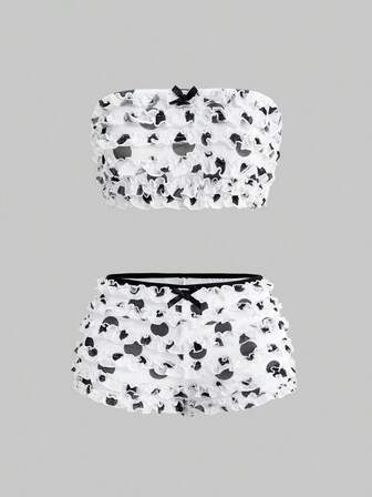 ROMWE Avant Top corto a tubo con decorazione a volant e colore a contrasto, stile vacanziero sexy a pois, e mini shorts a vita super bassa, stile Y2K