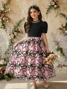 1pc Tween Girls' Black & Pink Jacquard Dress,Puff Sleeve,Faux Pearl Collar,A-Line,Black Floral,Autumn,Elegant,Wedding Guest Party Wear For Teens Girl - Black - View 2