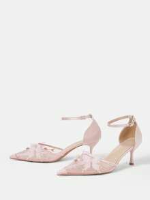 CUCCOO HITCHD Zapatos de mujer para las cuatro estaciones, nuevos zapatos de tacón alto con bordado de mariposa y flor, puntera fina, elegantes y sexys, con malla, correa en el talón, zapatos de tacón alto elegantes y de moda para boda, San Valentín, tarde de té elegante - Rosa claro C - Ver 3