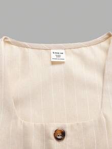 少女休闲优雅通勤街头时尚提花条纹3D蝴蝶结纽扣前襟无袖背心上衣和直筒裤套装 - 杏色 - 查看 8