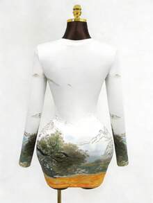 Mistrie Women's Chinese Landscape & Text Print Round Neck Short Fitted Dress - White - View 2