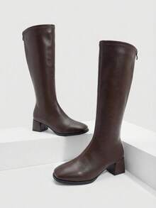 Daringsoles Women's Fashion Versatile Simple Chunky Heel Mid-Calf Boots For Christmas - Brown - View 8