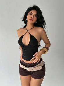 Aloruh Women's Solid Color Beaded Halter Backless Bodycon Fashionable Top - Black - View 8