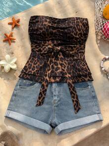 SHEIN Franclia Women's Fashionable Leopard Print Bandeau Top With Waist Tie, Summer - Coffee Brown - View 3