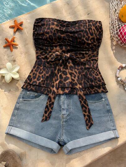 SHEIN Franclia Women's Fashionable Leopard Print Bandeau Top With Waist Tie, Summer