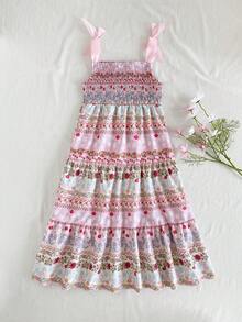 Vintaside Kids 1pc Girls' Summer Floral Print Ruffled Layered Pink Sundress With Bow Strap Fitted Dress - Multicolor - View 2