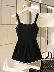 SHEIN Franclia 女士简约撞色滚边蝴蝶结装饰连体裤，夏季 - 黑色 - 查看 2