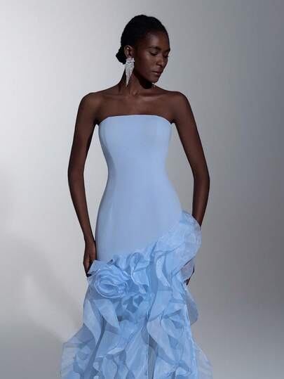 Elitara Elegant, Romantic, Fashionable Blue Elastic Fabric Organza Strapless Dress With Exaggerated Ruffle Hem, Elegant Party Dress, Wedding Guest Dress, Blue Dress, Fashionable And Elegant Bridesmaid Dress, Formal Evening Gown