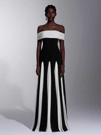Elitara Elegant, Romantic, Fashionable Black & White Contrast Color, Elastic Fabric, Chiffon Hem, Pleated Off Shoulder, A-Line, Long Elegant Party Dress, Wedding Guest Dress, Black & White Bridesmaid Dress