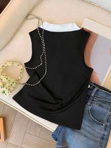 Resyla 撞色滚边圆领打结优雅时尚夏季背心 - 黑色 - 查看 2