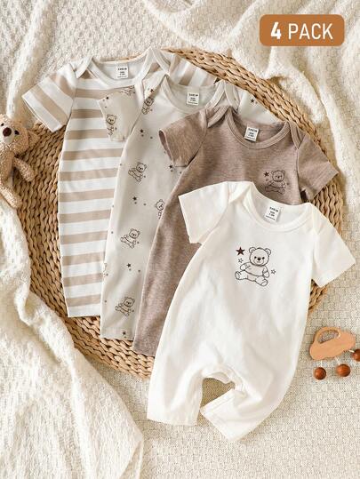 SHEIN 4pcs/Set Newborn Baby Cute Bear Print Cotton Romper, Short Sleeve Jumpsuit For Summer Neutral Baby Clothes Unisex Baby Clothes Mocha Baby Clothes Baby Rompers 4 Pack Newborn Clothes Baby Bodysuits