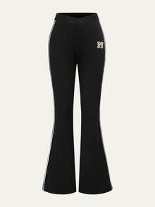 MTV | SHEIN 女士休闲运动日常通勤格子字母印花撞色条纹侧缝高腰喇叭紧身裤 - 黑色 - 查看 1