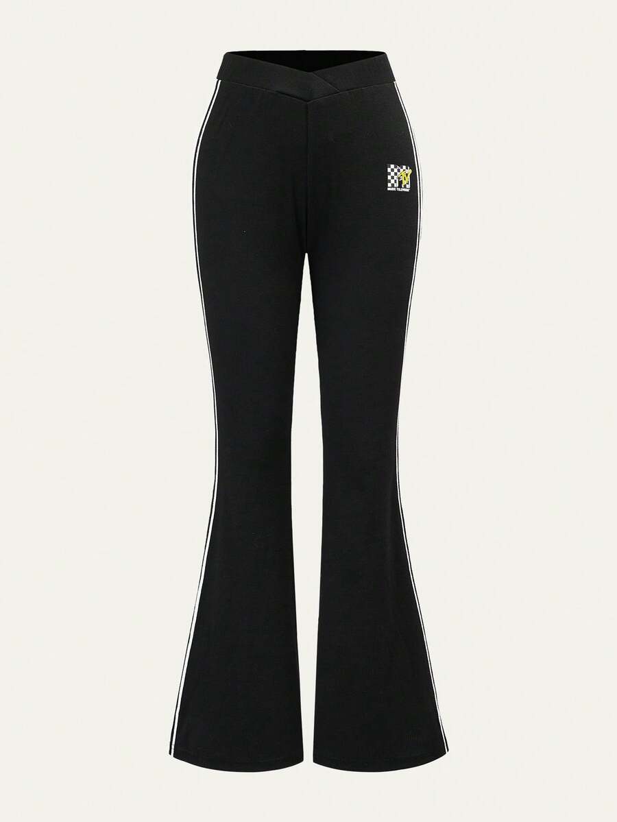 MTV | SHEIN 女士休闲运动日常通勤格子字母印花撞色条纹侧缝高腰喇叭紧身裤 - 黑色 - 查看 1