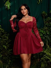 Roveilla Plus Size Women Vintage Holiday Lace Long Sleeve Princess Tulle Mini Dress, Sexy Party Cocktail Dress, Suitable For Spring, Autumn, Holiday Party, New Year, Valentine's Day, Wine Red Bodycon Dress, Sweetheart Neck Bodycon Dress, Suitable For Spring, Summer, Autumn - Burgundy - View 4