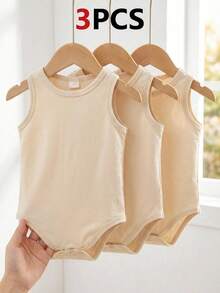 SHEIN 3件套婴儿男女通用婴儿幼儿新生儿0-3岁基础百搭纯色针织面料弹力露肩搭扣连体衣，新生儿针织套装男女宝宝休闲连体衣婴儿秋冬春夏新生儿套装新生儿中性套装自然婴儿服装新生儿中性婴儿服装男女通用 - 杏色 - 查看 5