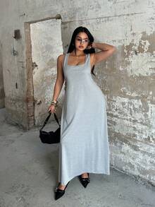Flirla Plus Size Casual Loose Racerback Dress - Grey - View 5