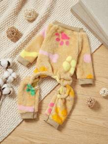 PETSIN 1件宠物猫狗通用卡其色抓绒保暖爪印骨头印花法兰绒连帽连体衣 - 彩色 - 查看 1