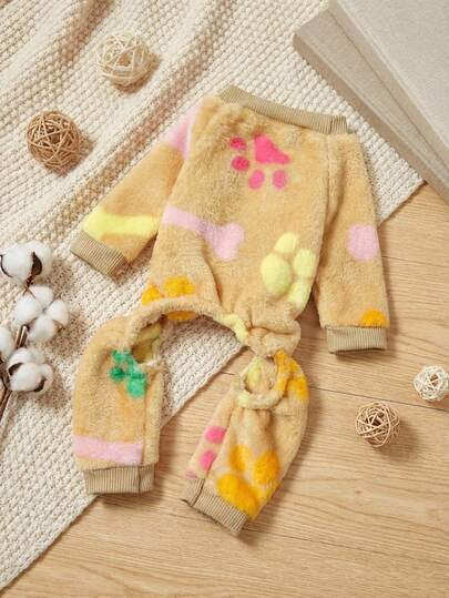 PETSIN 1件宠物猫狗通用卡其色抓绒保暖爪印骨头印花法兰绒连帽连体衣