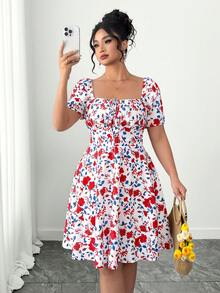 SHEIN PETITE CURVE Vestido con estampado floral para mujer de talla grande, romántico y de moda para citas, versátil para el uso diario, primavera/verano - Multicolor - Ver 1