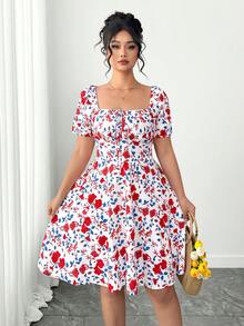 SHEIN PETITE CURVE Vestido con estampado floral para mujer de talla grande, romántico y de moda para citas, versátil para el uso diario, primavera/verano - Multicolor - Ver 4